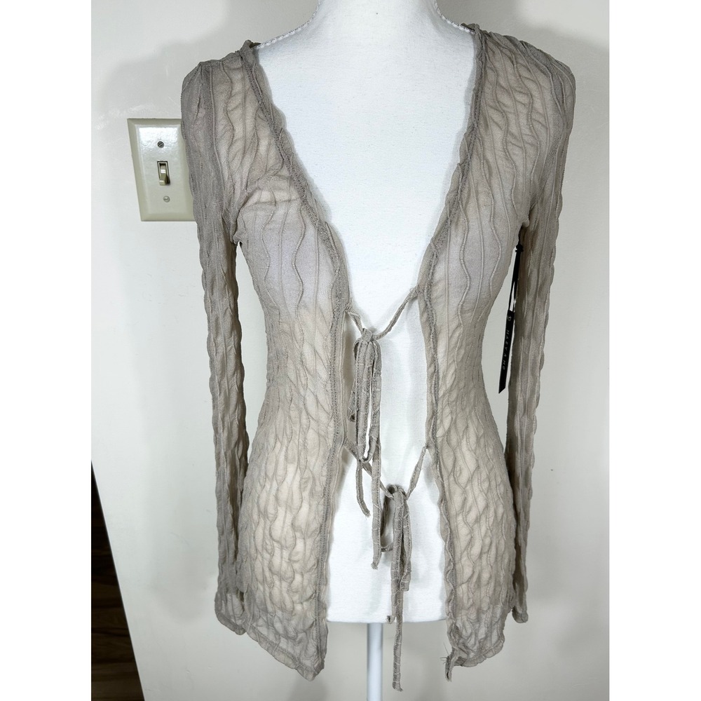 Mary & Mo Fly Away Top Women S Tan Tie Front Mesh Textured L/S Sheer Fairy NEW